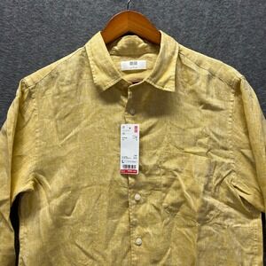UNIQLO Men Premium Linen Long Sleeve Shirt Yellow Size L Casual Button Down